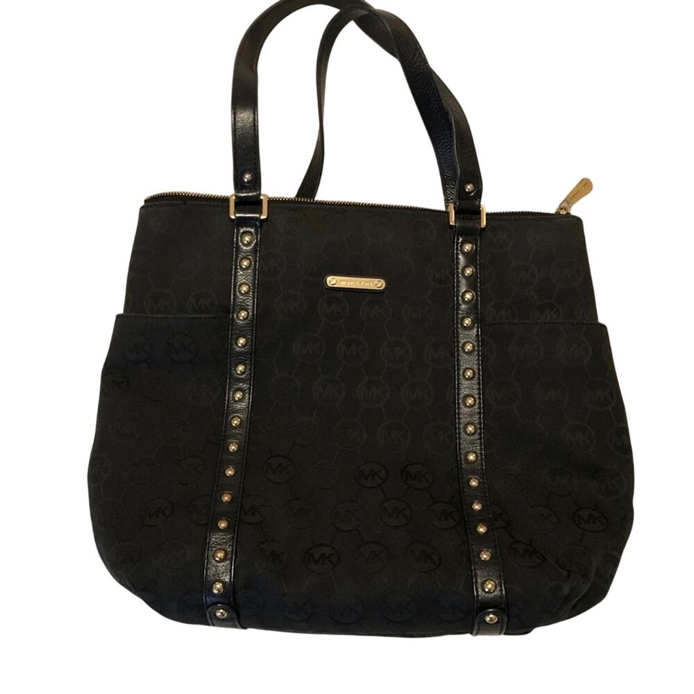 MICHAEL KORS Signature Tote Canvas Handbag Black LOGO Shoulder Bag Purse Gold